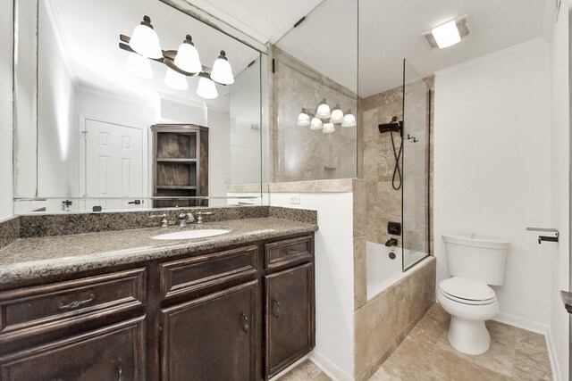 405 N Post Oak Ln Unit 405, Houston, TX 77024 - bathroom with vanity, tiled shower / bath combo, toilet, baseboards, and crown molding