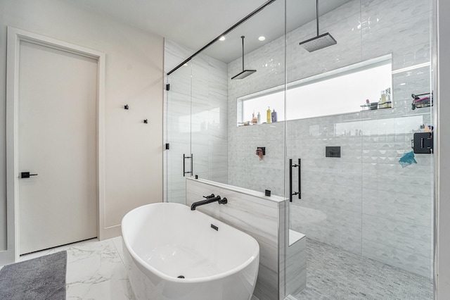 1116 Peden St, Houston, TX 77006 - bathroom featuring a freestanding bath, a shower stall, marble finish flooring, a sink, and recessed lighting