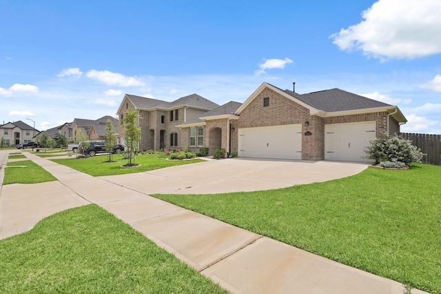 7919 Chantilly Mnr, Fulshear, TX 77441 - view of front facade featuring brick siding, an attached garage, driveway, a residential view, and roof with shingles