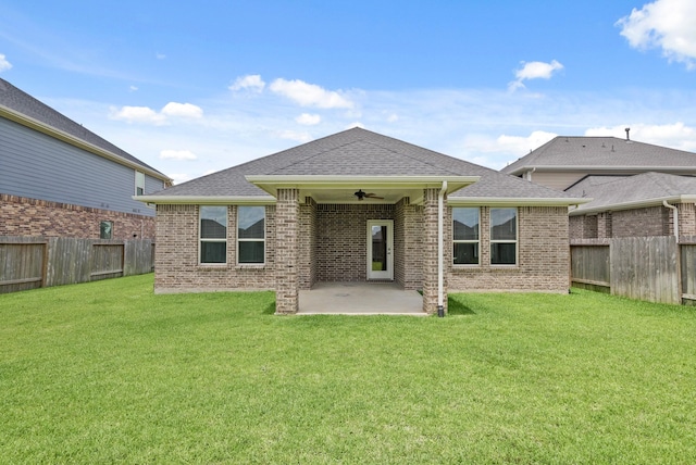 7919 Chantilly Mnr, Fulshear, TX 77441 - rear view of property featuring a ceiling fan, brick siding, a patio, and roof with shingles