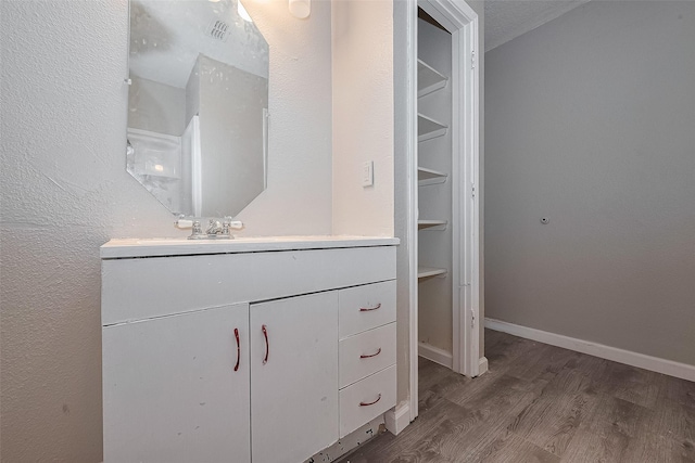 8621 Rustling Lvs Dr, Houston, TX 77083 - bathroom with wood finished floors, vanity, and baseboards