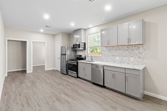8402 Bassett St, Houston, TX 77051 - kitchen featuring stainless steel appliances, a sink, gray cabinets, backsplash, and light countertops