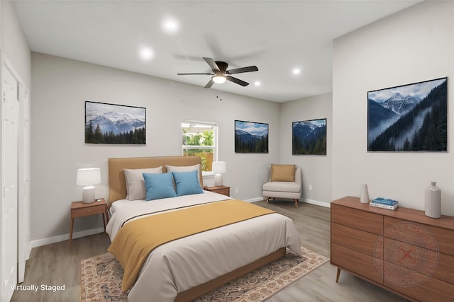8402 Bassett St, Houston, TX 77051 - bedroom with wood finished floors, recessed lighting, baseboards, and a ceiling fan