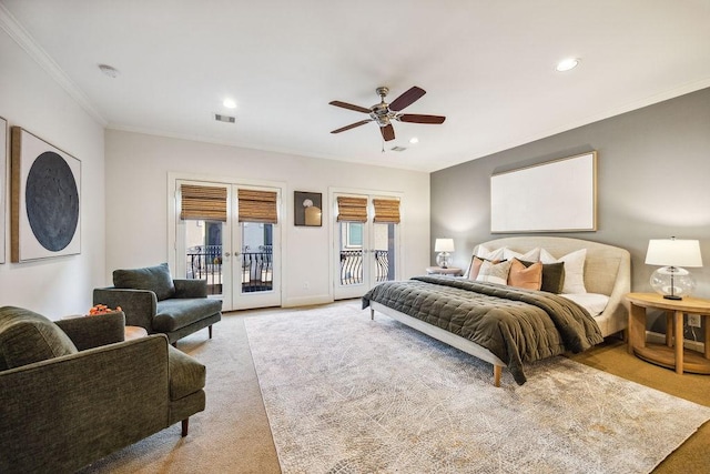 1604 Fowler St, Houston, TX 77007 - bedroom featuring access to exterior, ornamental molding, light carpet, recessed lighting, and a ceiling fan