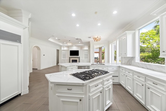 4111 Thistle Hill Ct, Sugar Land, TX 77479 - kitchen featuring stainless steel gas stovetop, open floor plan, a sink, recessed lighting, and paneled built in fridge