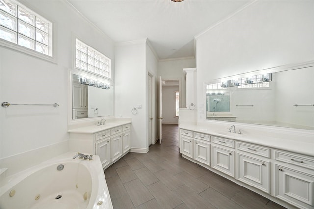 4111 Thistle Hill Ct, Sugar Land, TX 77479 - bathroom featuring plenty of natural light, ornamental molding, a jetted tub, and two vanities