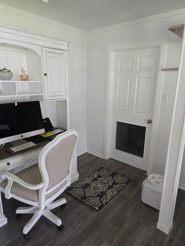 480 Johnson Rd, Coldspring, TX 77331 - office area with dark wood-style flooring, ornamental molding, and baseboards