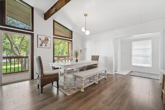 480 Johnson Rd, Coldspring, TX 77331 - dining space with healthy amount of natural light, dark wood-style flooring, and crown molding