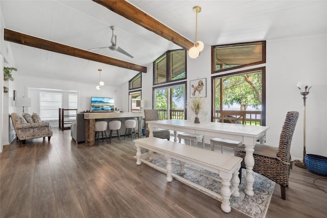 480 Johnson Rd, Coldspring, TX 77331 - dining space with wood finished floors, beam ceiling, a ceiling fan, and high vaulted ceiling