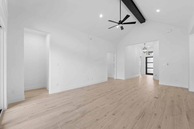 12834 Forest Garden Ct, Conroe, TX 77302 - unfurnished living room featuring beamed ceiling, ceiling fan, light wood-style floors, high vaulted ceiling, and baseboards
