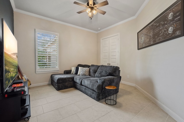 4051 Ashland Woods Dr, Spring, TX 77386 - living area featuring ornamental molding, light tile patterned floors, ceiling fan, and baseboards