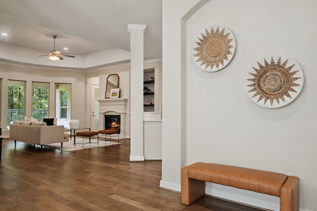 4051 Ashland Woods Dr, Spring, TX 77386 - living area featuring a ceiling fan, wood finished floors, a glass covered fireplace, a tray ceiling, and recessed lighting