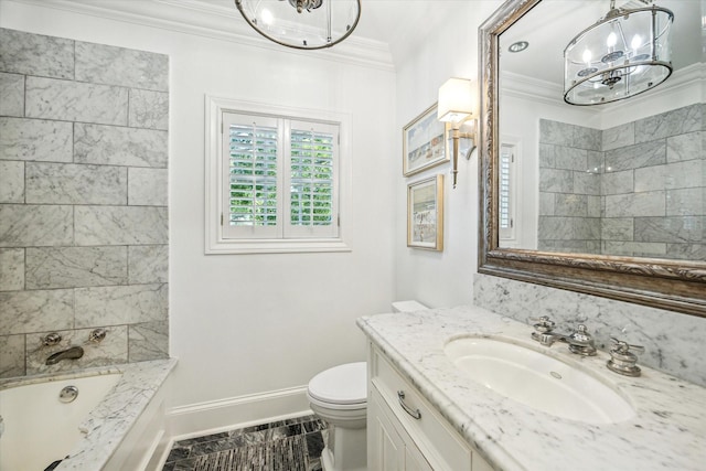 2256 Dryden Rd, Houston, TX 77030 - full bathroom with a chandelier, vanity, baseboards, crown molding, and toilet