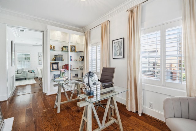 2256 Dryden Rd, Houston, TX 77030 - office area with dark wood-style flooring, ornamental molding, and baseboards
