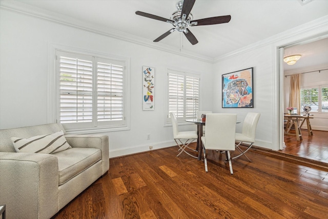 2256 Dryden Rd, Houston, TX 77030 - dining room with hardwood / wood-style floors, crown molding, ceiling fan, and baseboards