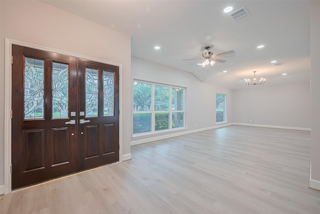 8314 Burning Hills Dr, Houston, TX 77071 - entryway featuring baseboards, light wood-style floors, a chandelier, a ceiling fan, and recessed lighting