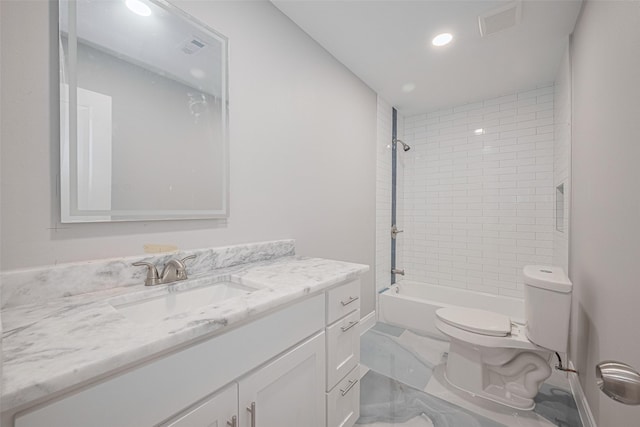 8314 Burning Hills Dr, Houston, TX 77071 - full bath featuring toilet, marble look tiles, vanity, shower / bath combination, and recessed lighting