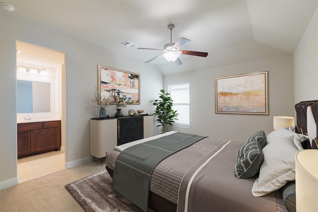 16719 Highland Country Dr, Cypress, TX 77433 - bedroom with light carpet, ensuite bathroom, a sink, ceiling fan, and baseboards