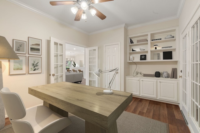 1327 Mission Chase Dr, Houston, TX 77077 - office area featuring ornamental molding, dark wood-type flooring, a ceiling fan, and french doors