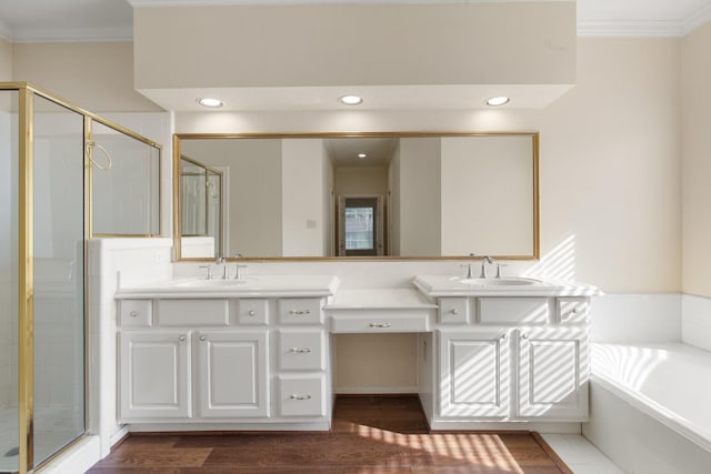 1327 Mission Chase Dr, Houston, TX 77077 - full bath with double vanity, crown molding, a stall shower, a garden tub, and recessed lighting