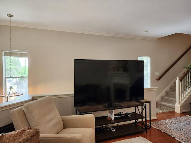 2722 Crawford St, Houston, TX 77004 - living area with stairway, wood finished floors, and crown molding