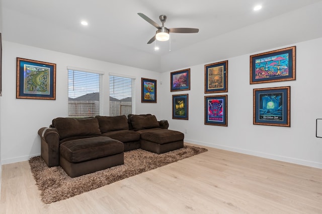 30114 Ousel Falls Ln, Fulshear, TX 77494 - living area featuring wood finished floors, a ceiling fan, baseboards, and recessed lighting