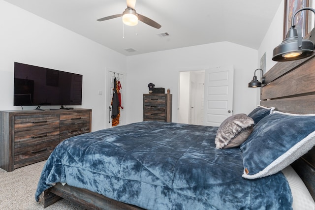 30114 Ousel Falls Ln, Fulshear, TX 77494 - carpeted bedroom with vaulted ceiling and a ceiling fan