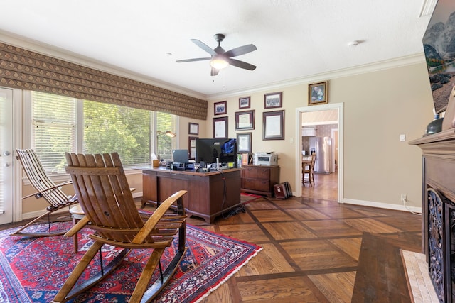 1403 N Thompson St, Conroe, TX 77301 - office area with ceiling fan, baseboards, ornamental molding, and a fireplace with flush hearth