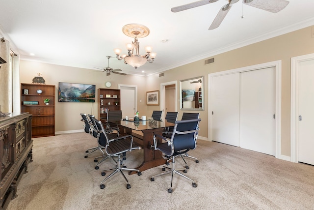 1403 N Thompson St, Conroe, TX 77301 - office area with light carpet, a ceiling fan, ornamental molding, a chandelier, and baseboards