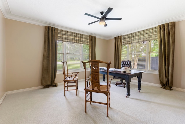 1403 N Thompson St, Conroe, TX 77301 - office featuring ornamental molding, light colored carpet, baseboards, and ceiling fan