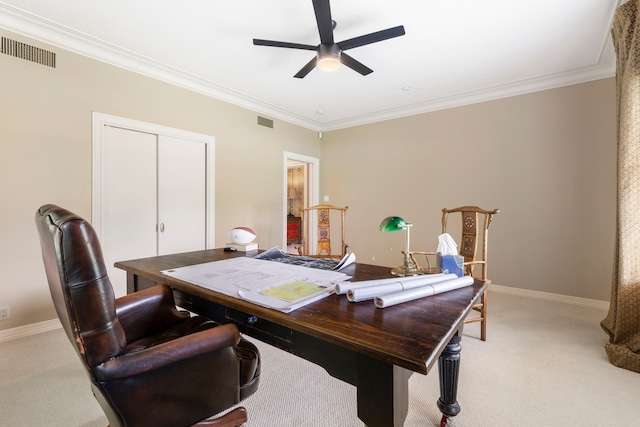 1403 N Thompson St, Conroe, TX 77301 - office area with light colored carpet, ceiling fan, ornamental molding, and baseboards
