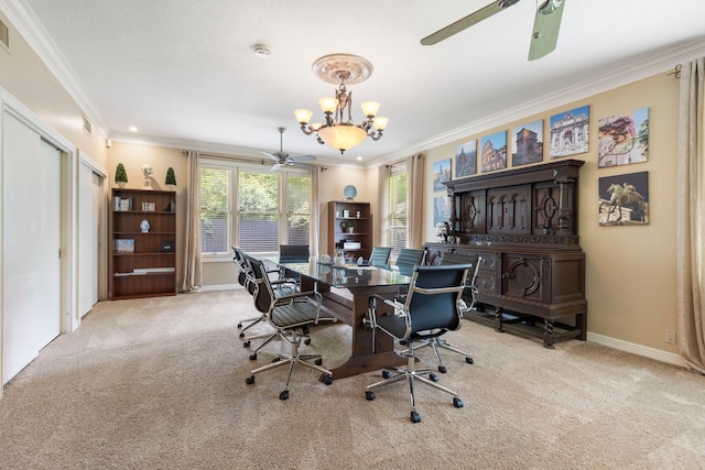 1403 N Thompson St, Conroe, TX 77301 - carpeted office space featuring a chandelier, ceiling fan, crown molding, and baseboards