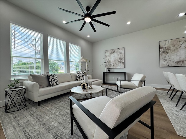 1803 Brooks St, Houston, TX 77026 - living room featuring healthy amount of natural light, wood finished floors, a ceiling fan, baseboards, and recessed lighting