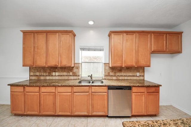 1605 Spring Glen Ln, Pearland, TX 77581 - kitchen with stainless steel dishwasher, a sink, dark stone counters, decorative backsplash, and recessed lighting