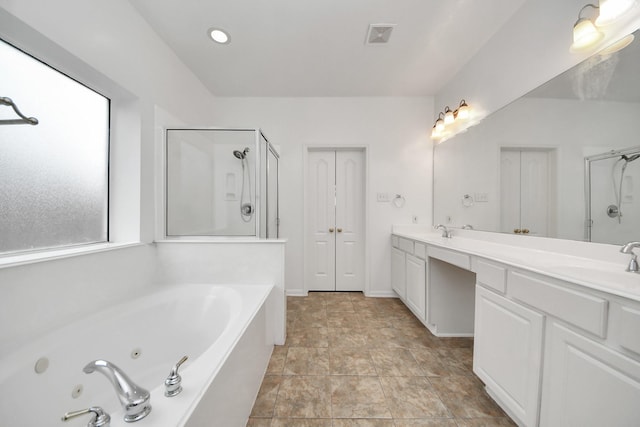 1605 Spring Glen Ln, Pearland, TX 77581 - bathroom with a shower stall, double vanity, and a tub with jets