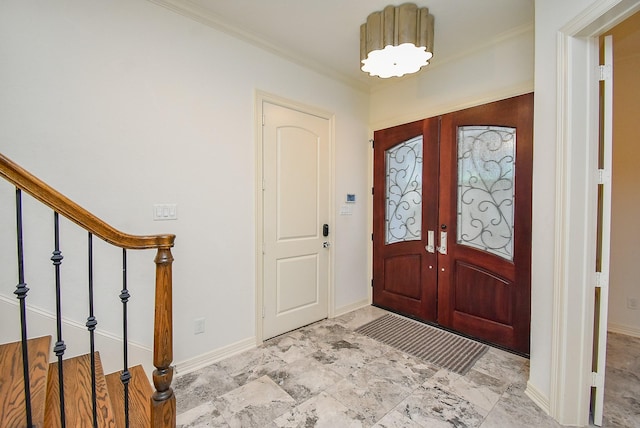 4220 Law St, Houston, TX 77005 - entryway featuring stairway, crown molding, baseboards, and french doors