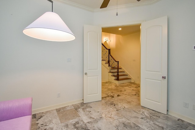 4220 Law St, Houston, TX 77005 - empty room with crown molding, stairway, baseboards, and a ceiling fan