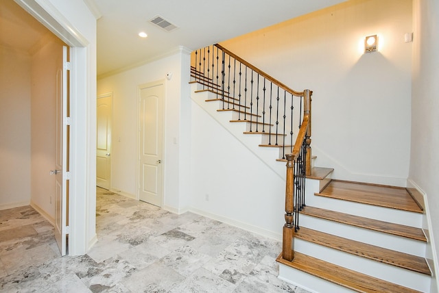 4220 Law St, Houston, TX 77005 - staircase with recessed lighting, baseboards, and crown molding