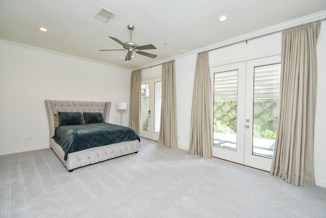 4220 Law St, Houston, TX 77005 - carpeted bedroom featuring access to exterior, multiple windows, ornamental molding, french doors, and recessed lighting
