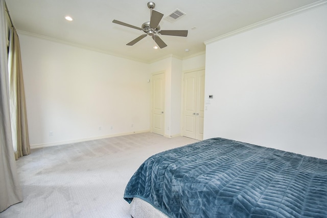 4220 Law St, Houston, TX 77005 - bedroom featuring light carpet, recessed lighting, crown molding, baseboards, and a ceiling fan