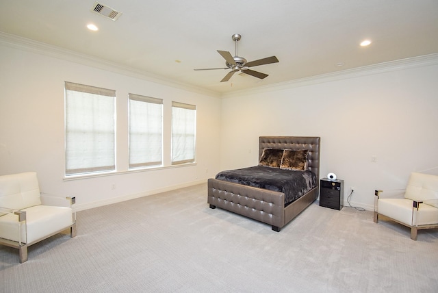 4220 Law St, Houston, TX 77005 - carpeted bedroom with crown molding, baseboards, recessed lighting, and ceiling fan