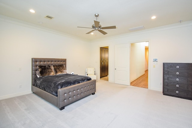 4220 Law St, Houston, TX 77005 - carpeted bedroom with crown molding, recessed lighting, baseboards, and a ceiling fan
