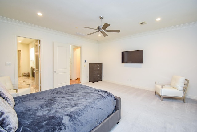 4220 Law St, Houston, TX 77005 - bedroom with ornamental molding, recessed lighting, baseboards, carpet floors, and ceiling fan