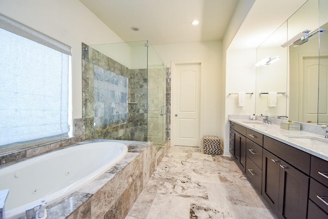4220 Law St, Houston, TX 77005 - full bathroom featuring a tub with jets, a stall shower, double vanity, and healthy amount of natural light