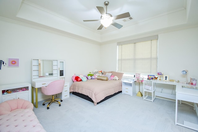 4220 Law St, Houston, TX 77005 - carpeted bedroom with a raised ceiling, ornamental molding, and a ceiling fan
