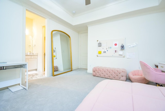 4220 Law St, Houston, TX 77005 - bedroom with ornamental molding, carpet flooring, connected bathroom, and ceiling fan