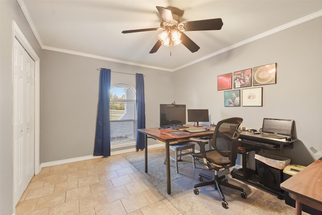 4620 Springfield Ln, Brenham, TX 77833 - office area featuring ceiling fan, ornamental molding, light tile patterned floors, and baseboards