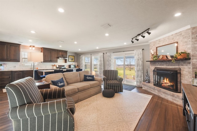 4620 Springfield Ln, Brenham, TX 77833 - living area with dark wood-style floors, a fireplace, recessed lighting, and crown molding