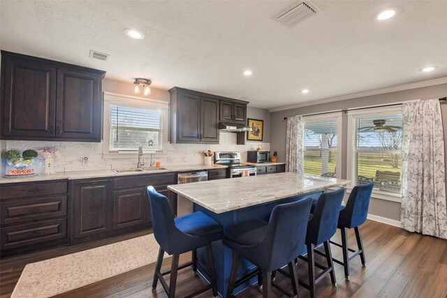 4620 Springfield Ln, Brenham, TX 77833 - kitchen featuring a sink, healthy amount of natural light, a kitchen breakfast bar, appliances with stainless steel finishes, and recessed lighting