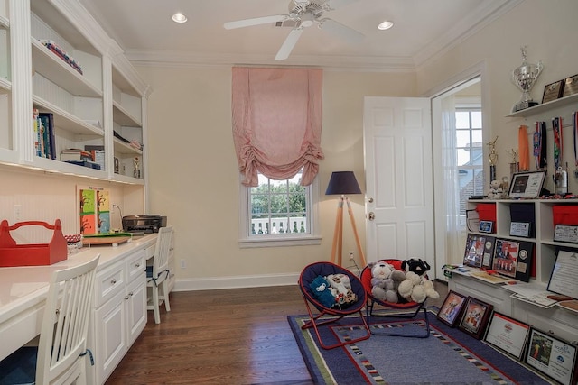 31 Southern Crescent Ct, The Woodlands, TX 77380 - rec room featuring dark wood-type flooring, crown molding, a ceiling fan, recessed lighting, and baseboards